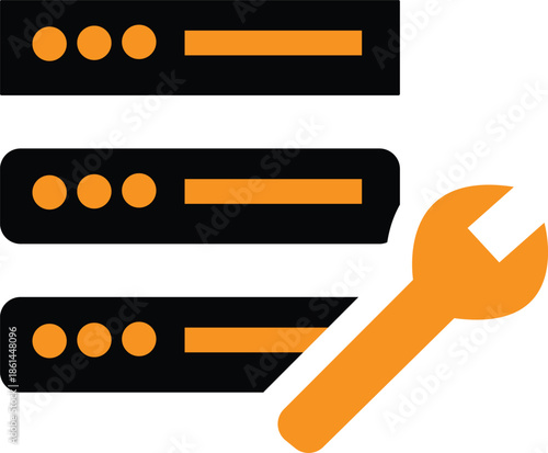 Illustration depicting essential server maintenance operations symbolized by a large orange wrench overlaid on three stacked black horizontal computer rack units indicating system repair 