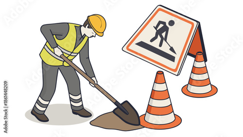 Road works 3D vector icon with traffic cones and a worker sign, detailed construction theme, clear, professional, and industry-focused design.