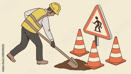 3D vector icon featuring road works, traffic cones, and a worker sign, detailed construction theme, clean, professional design for industry use.