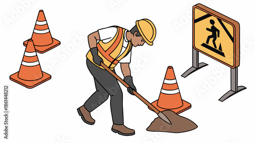 3D vector illustration of road work, traffic cones, and a working sign with a worker, clean, modern design, construction theme.