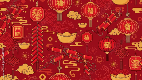 Seamless Pattern of Auspicious Chinese New Year Elements with Red Lanterns and Gold Ingots on a Traditional Red Background