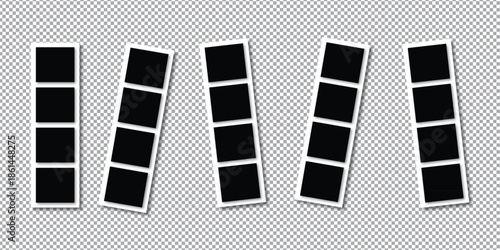 Classic film negative strips with blank frames arranged on a subtle checkered background