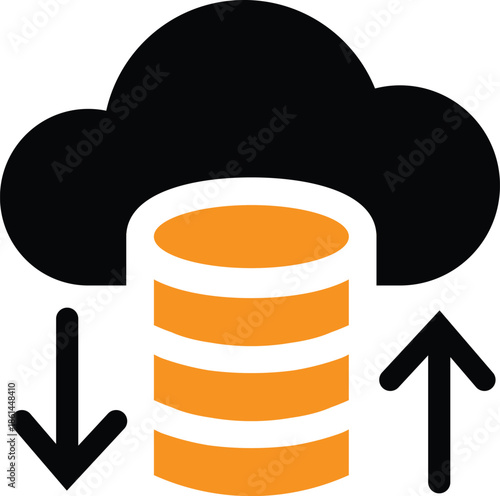 Graphic icon representing secure cloud database synchronization illustrating data transfer operations with arrows indicating upload and download capabilities for modern digital storage solutions
