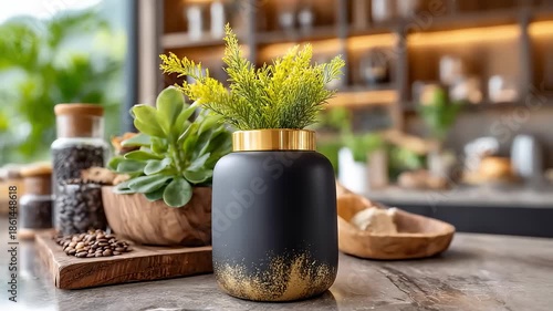 Elegant black gold vase with greenery on marble counter