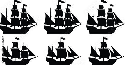 Black sailing ship silhouette pattern, vintage pirate galleon fleet illustration, nautical maritime transport design, old wooden boats repeated on white background vector style sea travel concept art