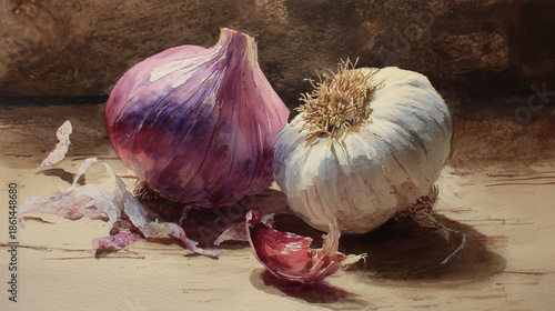 Watercolor still life painting of garlic and red onion on wooden table, rustic kitchen ingredients and food illustration concept