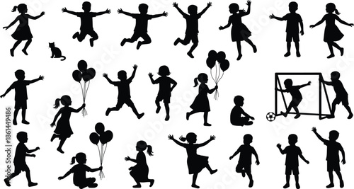 Children silhouette collection playing jumping running holding balloons, kids activities set, childhood joy, playful poses, isolated black silhouettes on white background