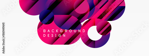 Abstract design features vibrant purple, pink hues. Geometric shapes overlap creating dynamic visual effect. Modern background element.