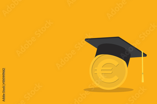 Education finance concept with graduation cap and Euro coin.
