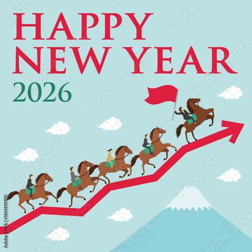 富士山と矢印とビジネスマンが乗った馬が走るイラストの正方形の年賀状_女性リーダー_happy new year
