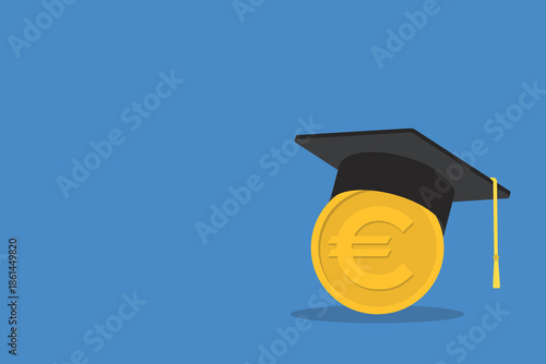 Education finance concept with graduation cap and Euro coin.