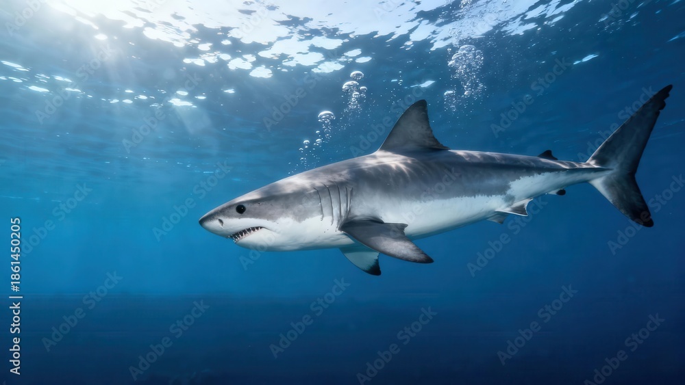 Fototapeta premium Massive Great White Shark swimming horizontally through the deep ocean with sunlight filtering from the rippling surface above.