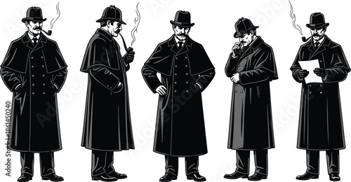 Vintage detective character silhouettes set featuring classic gentleman wearing coat and hat, smoking pipe, reading notes, noir style illustration