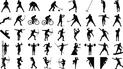 Sports silhouettes collection, athletes in action poses, running jumping cycling archery skating fitness workout activities, black isolated vector icons set