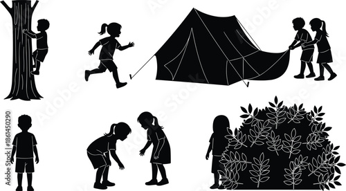 Children camping activity silhouettes showing kids playing, climbing tree, running, hiding, and setting tent outdoors adventure vector illustration