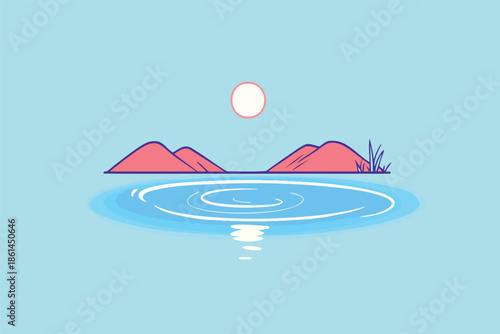 A serene illustration depicts a minimalist landscape with pink hills, a reflective body of water, and a bright sun, creating a calming and peaceful scene against a light blue backdrop.