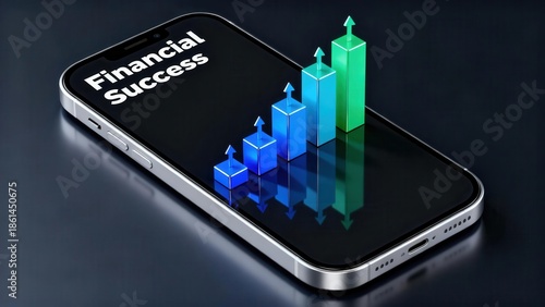 Wallpaper Mural Mobile phone screen showing the text 'Financial Success' above reflective blue and green 3D bar graph pillars indicating growth. Torontodigital.ca
