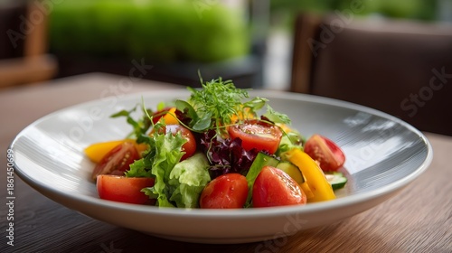 Wallpaper Mural Vibrant fresh salad with colorful vegetables and herbs on a white plate on a wooden table captured in golden hour light Torontodigital.ca