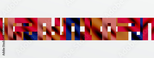 Abstract colorful blocks form horizontal pattern. Red, blue, pink hues dominate composition. Minimalist design, simple geometry.