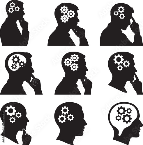 Thinking mind concept with brain gears set bundle silhouette vector illustration for problem solving
