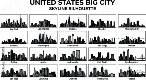 United States big city skyline silhouette collection, American urban skylines vector set, major USA cities panorama, modern architecture landmarks illustration design