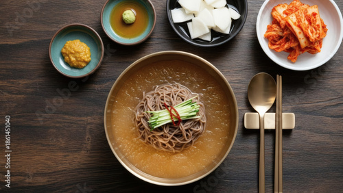 Cold Buckwheat Noodles Flat Lay with Traditional Korean Side Dishes on Dark Wood Table