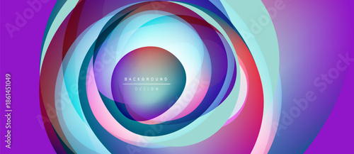 Abstract circular layers create vibrant visual effect. Purple, teal, blue hues blend, forming dynamic background design. Modern, stylish.