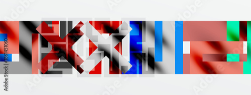 Abstract geometric shapes overlap, creating colorful patterns. Rectangles dominate composition, with red, blue, gray hues. Minimalist design.