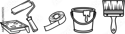 Set of 4 Painter & Decorator tools outline paint roller with tray masking tape roll paint bucket and wide brush