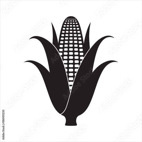Corn  cob silhouette vector art, Black and white silhouette of a corn cob with leaves isolated vector illustration 