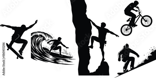 Set of 5 Extreme Sports silhouettes skateboarder performing trick surfer on wave rock climber BMX biker and snowboarder