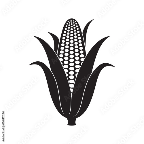Corn  cob silhouette vector art, Black and white silhouette of a corn cob with leaves isolated vector illustration 