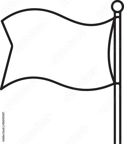 Black line drawing of a flag on a pole waving in the wind isolated on white background
