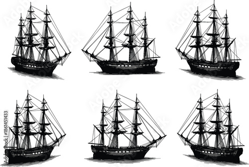 Vintage sailing ships illustration set, classic tall ship silhouettes, nautical maritime transport design, old wooden vessels, blue retro engraving style, isolated on white background