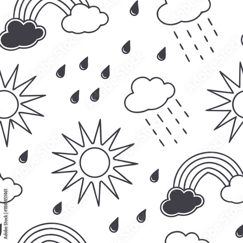 Clean vector symbols representing weather and climate phenomena like sun, clouds, and rain, suitable for informational graphics and apps.