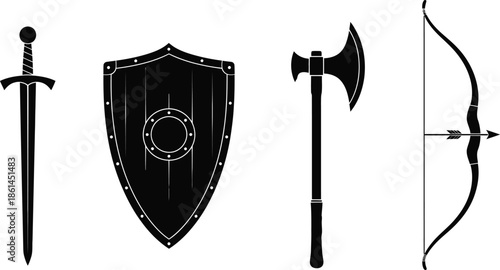 Silhouette illustration set of 4 Medieval Weaponry sword shield battle axe and bow with arrow