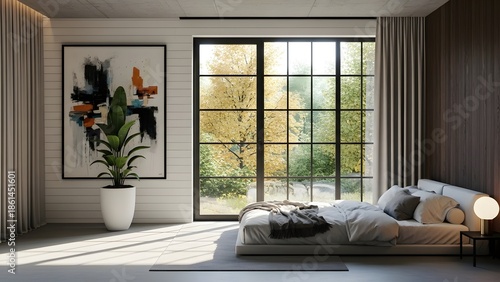 Modern bedroom with large window and artwork