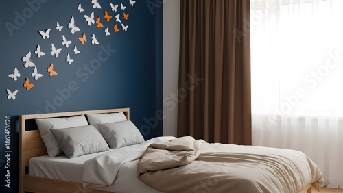 Cozy bedroom with blue wall and bird decals