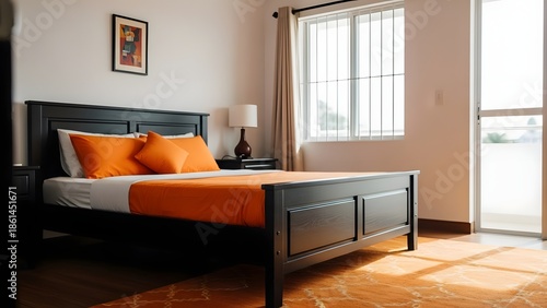 Cozy bedroom with orange accents and natural light