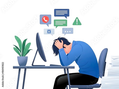 Overwhelmed worker struggling with digital overload and stress at a desk