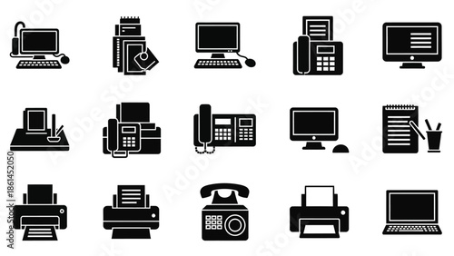 A professional vector set of computer icons featuring technology equipment like a laptop, printer, monitor, and tablet for business web design and office internet symbols