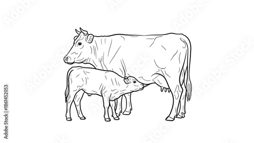 Black horse vector illustration featuring a wild animal head silhouette and cute cartoon farm livestock including a dairy cow, bull, and goat in an artistic nature outline