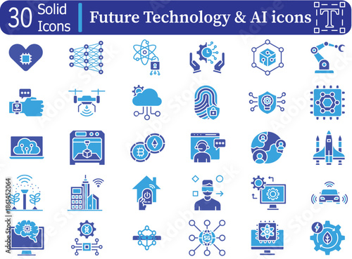 Future Technology and AI solid icons set for Smart City, Robotics, Fintech, Automation and 5G Network. fully editable eps 10