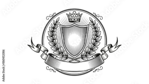 Vintage heraldic coat of arms design featuring a gold shield with wings, royal crown, and laurel wreath emblem on a decorative banner ribbon insignia vector illustration