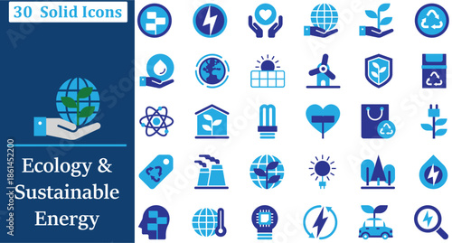 Ecology and Sustainable Energy solid icon set for green Tech, Recycling, Solar Power, Environment and Conservation