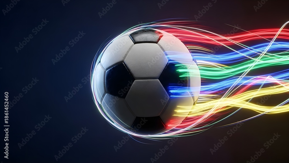 Naklejka premium Dynamic soccer ball with a futuristic glow and flowing multi-colored light trails representing speed and digital energy