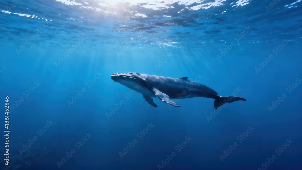 Fototapeta premium Large Humpback Whale swims through deep blue tropical ocean water with sunlight streaming down from the surface.