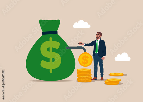 Businessman opening  water tap to  let dollar coins next from bag of money. Financial investments. Flat vector illustration