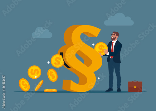 Businessman putting coin a sign paragraph. Invests money into paragraph to get return profit, returns from the costs that have been invested. Lawyer and advocate services. Laws coming into effect. 