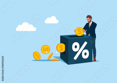 Businessman putting coin a cube block with percentage symbol. Invests money into strategy to get return profit, returns from the costs that have been invested. Interest, financial and mortgage rates.